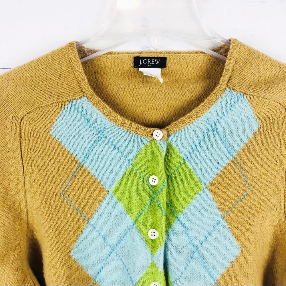 J Crew 100% Lambswool Argyle Cardigan Tan Blue XL